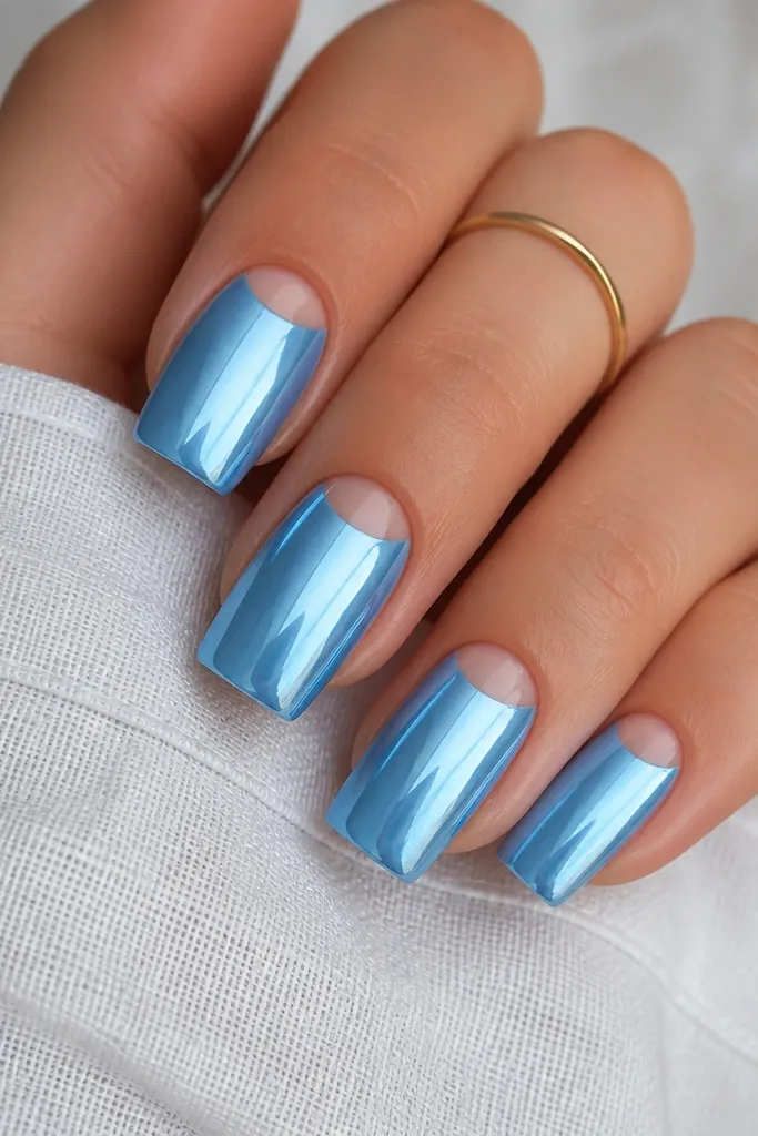 Square nails with sky blue chrome full coverage except a crisp half-moon area at the cuticle left in your natural nail or clear gel. The half-moon edge is sharp and glossy.