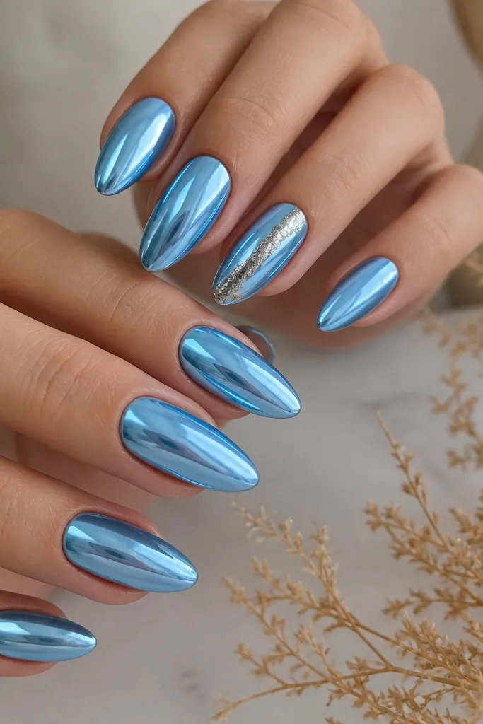 Almond nails with glossy sky blue chrome. A thin diagonal stripe of silver foil runs from the lower sidewall toward the upper center on two accent nails. Other nails are full chrome without stripe.