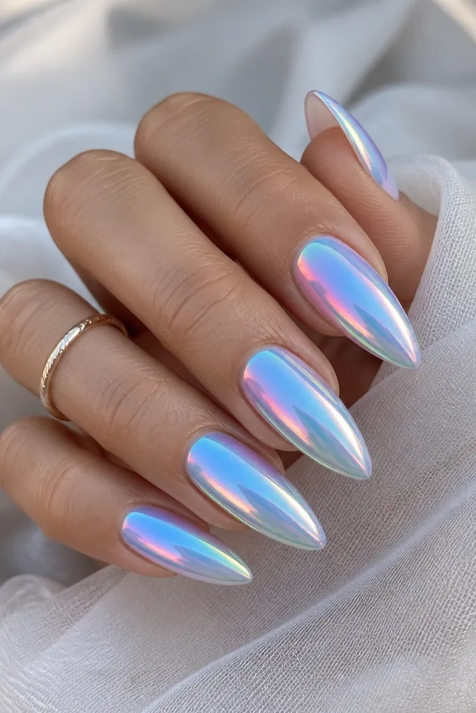 Medium stiletto nails with sky blue chrome that shifts into subtle rainbow tones at the edges. The center looks cool sky, while the sidewalls show pink and green reflections. Glossy finish is mirror smooth.