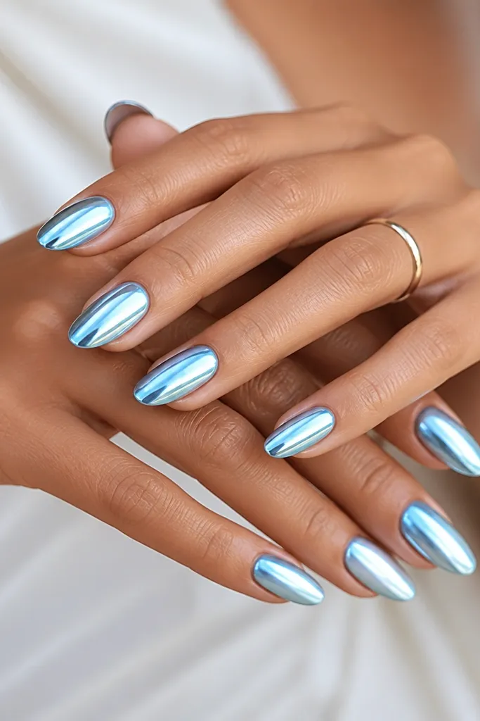 12 Sky Blue Chrome Nails