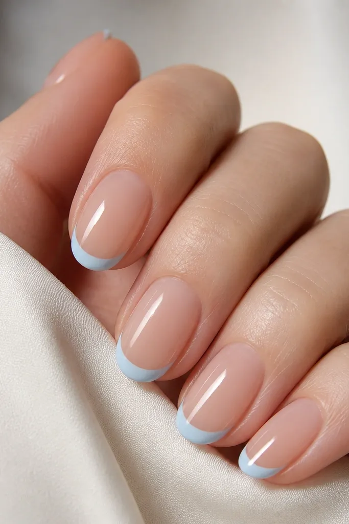 Five nails shown. The base is clear/nude gel with a glossy finish. The free edge has a solid icy sky blue cap shaped like a thin smile line, with the cap stopping before the sidewalls.