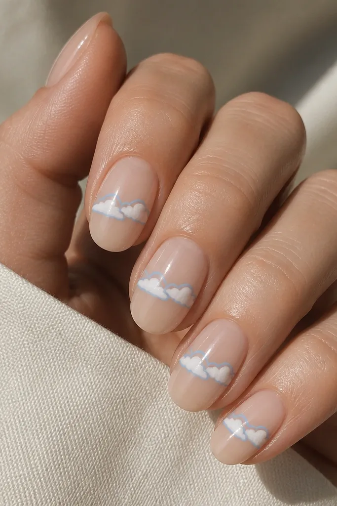 Short-to-medium oval nails. Each nail has a nude base. A single sky blue cloud outline runs horizontally across the middle, with small white cloud puffs inside the outline.