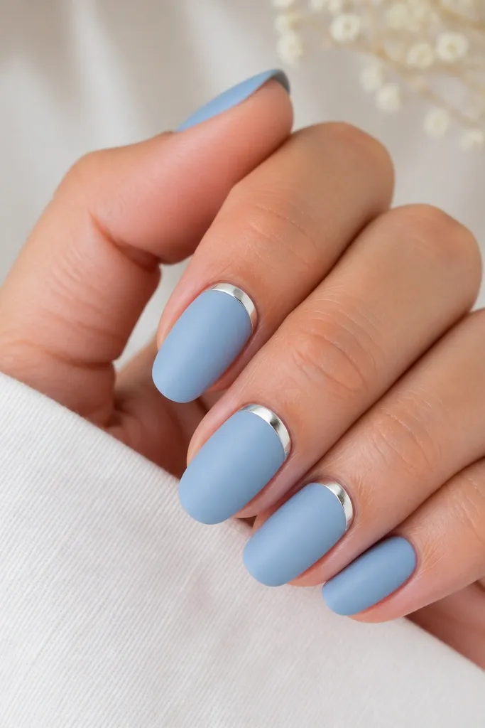 Matte sky blue nails with a shiny chrome halo ring near the cuticle on two accent nails. The chrome ring is thin, reflective, and centered.