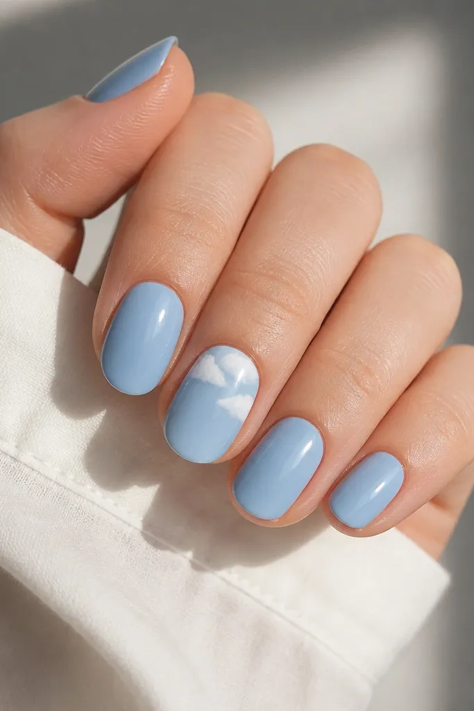 On short oval nails, the base is glossy sky blue. One nail has soft milky white cloud puffs clustered near the cuticle with slightly uneven, sponge-like edges.