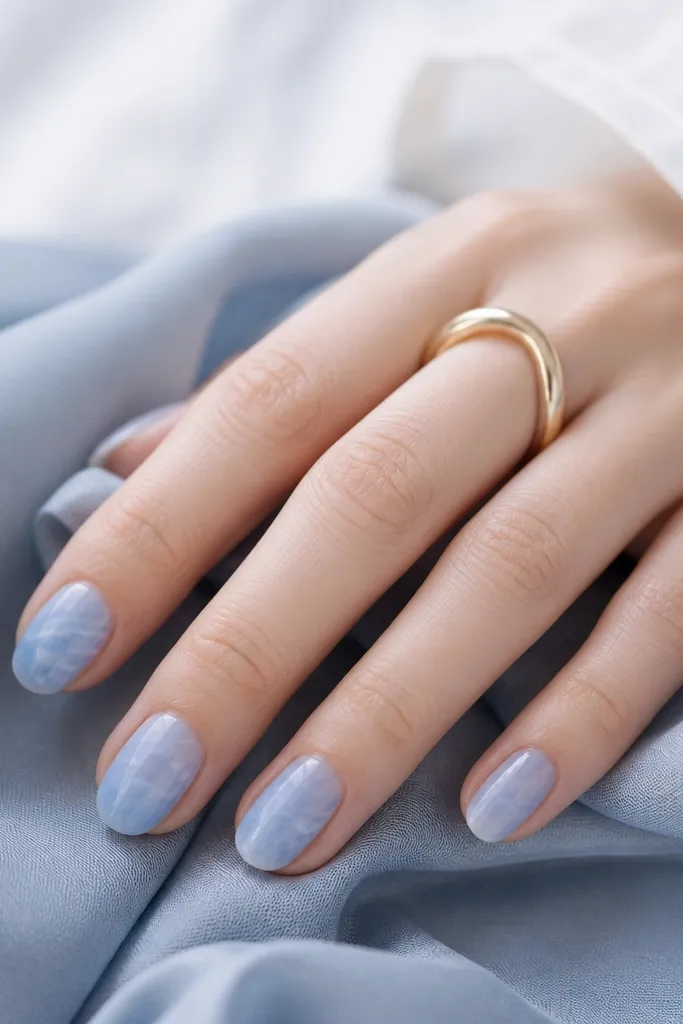 Nails painted a translucent sky blue wash. White streaks look like watercolor veins, flowing from the center toward the sides.