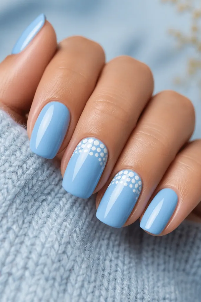 Glossy sky blue nails with a tight cluster of white polka dots right at the cuticle line on two accent nails.