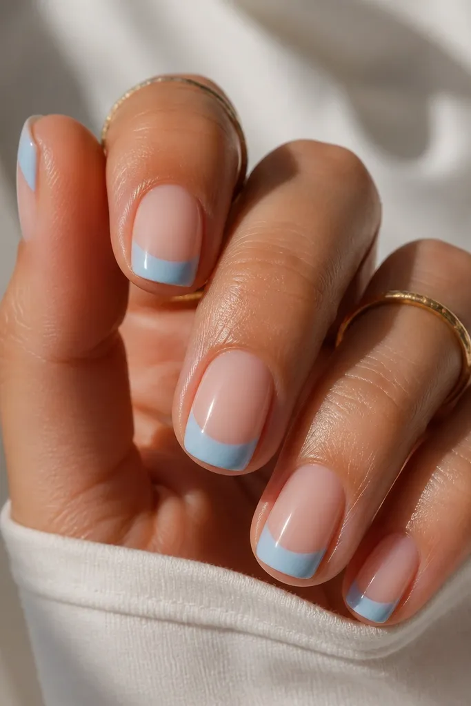 Nails have a nude base. A sky blue curve sits at the bottom third near the free edge, like a reversed French.