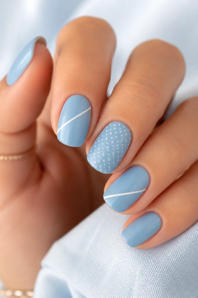 Satin-finish sky blue nails with thin diagonal white stripes on two nails; on one accent nail there's a tiny white dot grid over the blue.