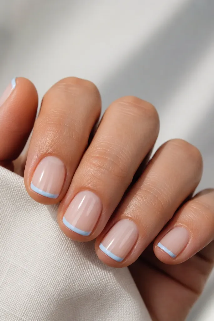 Short, rounded nails with a very thin sky blue French tip line. The rest of the nail is sheer nude. Tips are straight across with a crisp edge.