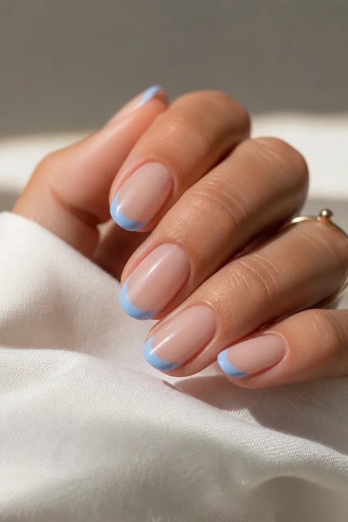 Medium oval nails with a curved French tip that follows the nail's natural smile. Sky blue forms a gentle arc, thicker at the center and thinner at the sides.
