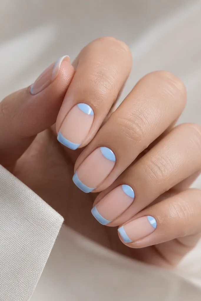 Nails with a nude base. The half-moon at the cuticle is sky blue, and the French tip is also sky blue, separated by a thin nude gap.