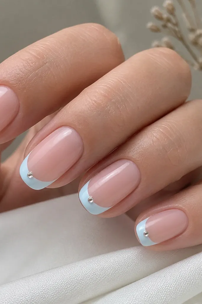 Nails with sky blue French tips. Each tip has one small clear rhinestone placed right on the center of the smile line.