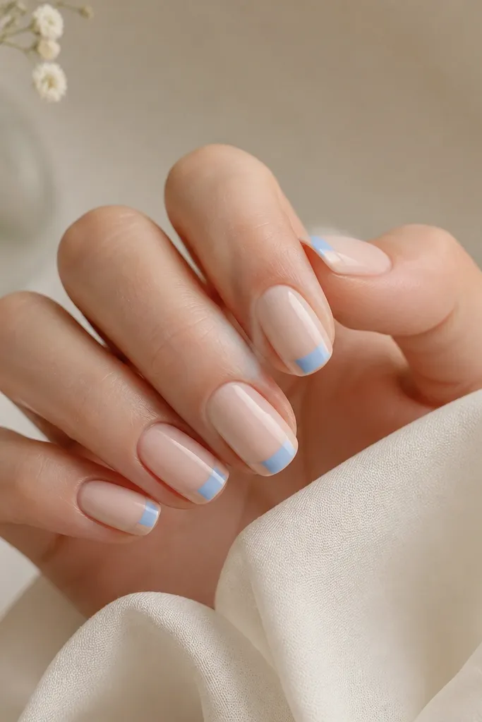 Nails with a nude base. Sky blue covers only the center of the French tip, leaving two nude slivers on the left and right sides.