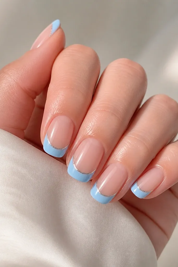 Nails with sky blue French tips. Along the outer edge of the tip is a thin strip of silver foil, like a metallic border.
