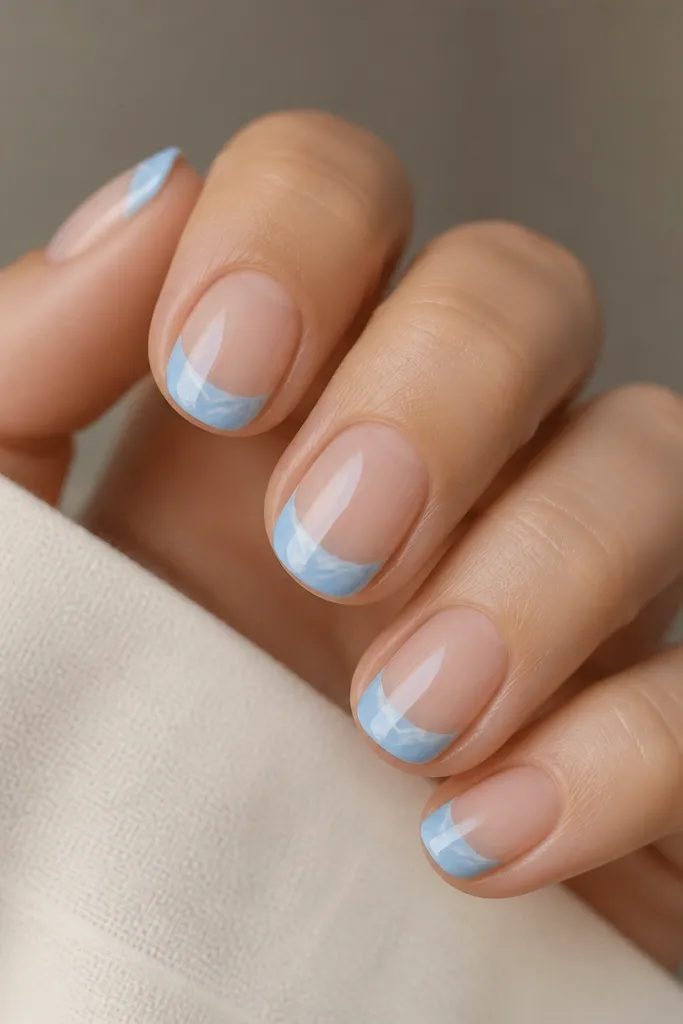 Nails with sky blue French tips. Each tip has a small white marble swirl near the center, like a thin vein.