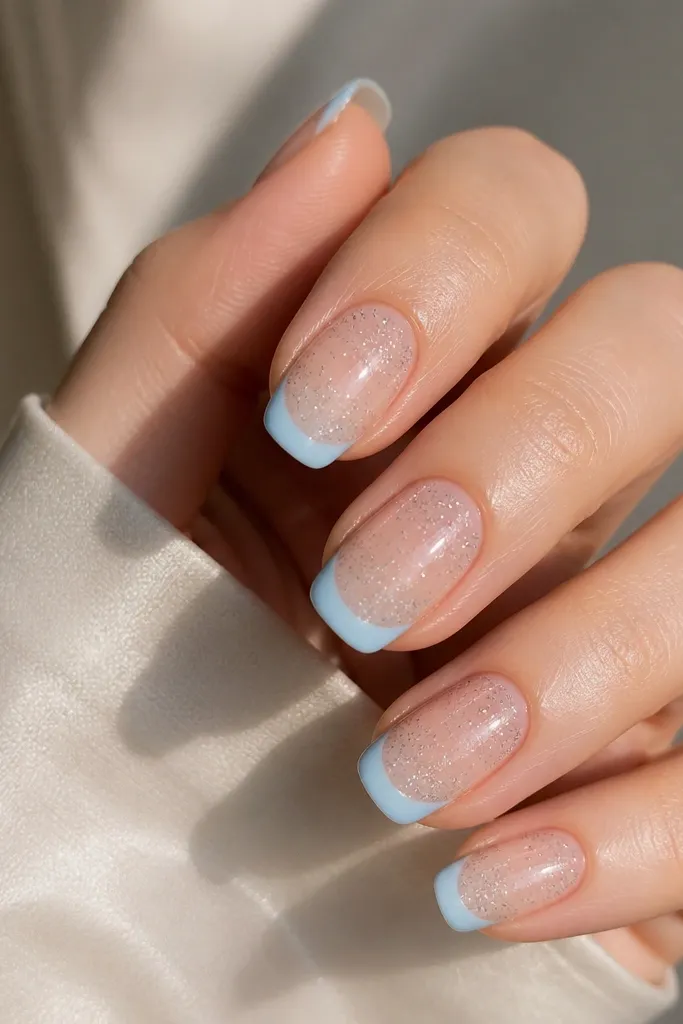 Nails with a sheer nude base. A sky blue French tip sits on top, and the base near the cuticle has a soft glitter gradient fading upward.