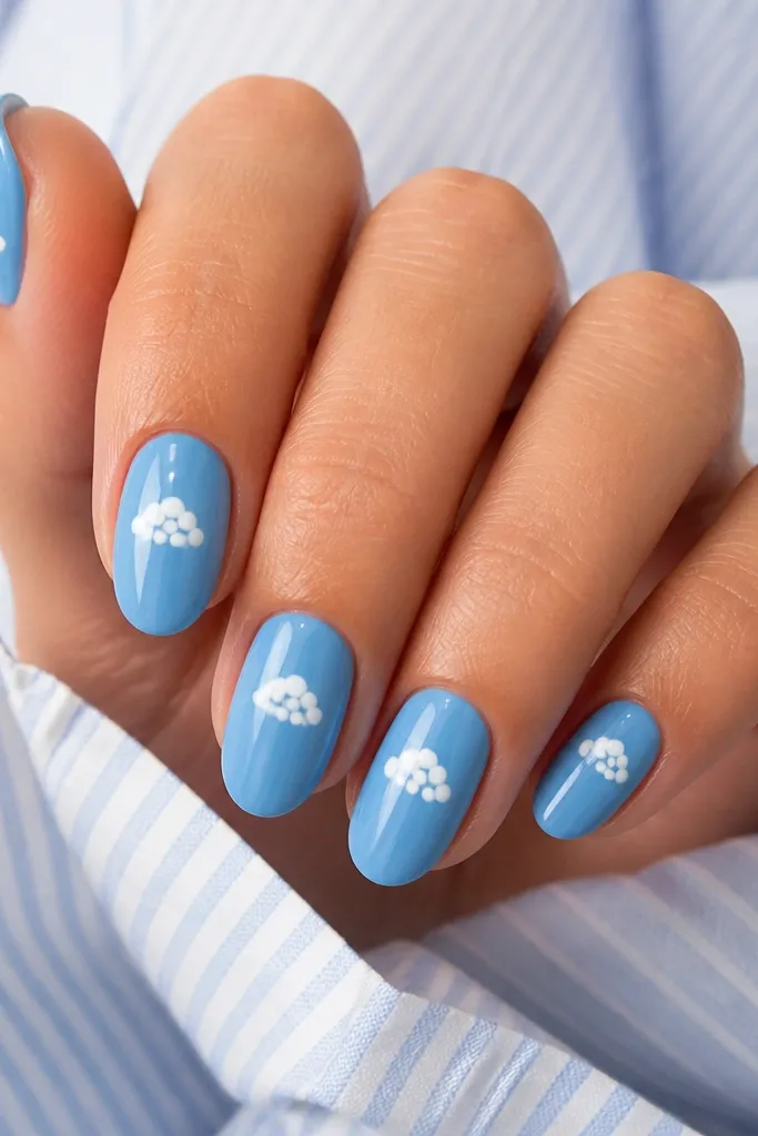 All nails are sky blue glossy. Near the center of each nail, there's a small cluster of white dots forming a little cloud shape. The dots are uneven in size like real puffs.