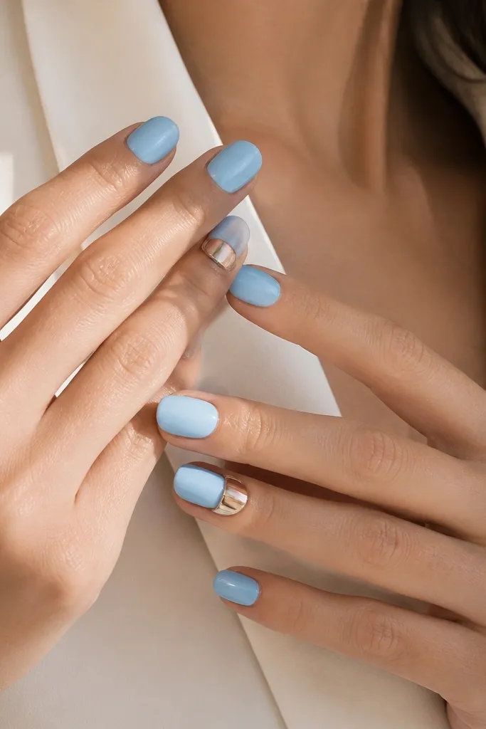 Nails are sky blue glossy. On one accent nail per hand, there's a silver chrome crescent at the cuticle. The chrome reflects light like a mirror.
