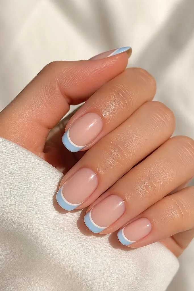 Nails have a nude base. The tips are painted sky blue in a classic French shape. Along the very edge of the tip is a thin white line that looks like a fine border.