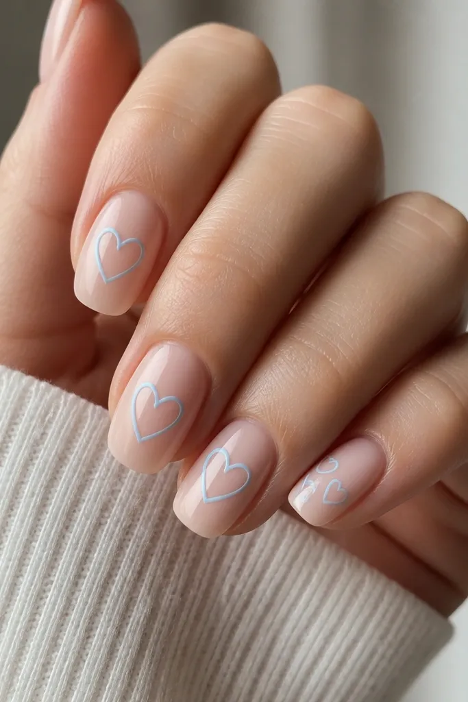 Nails have a nude base with sky blue outlined hearts near the center. The hearts are thin, clean lines with no fill. One or two nails have a tiny heart cluster.