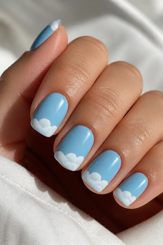 Five short squoval nails painted sky blue. The tips are a soft white cloud edge that curves irregularly, with a glossy top coat that makes the cloud look slightly raised.