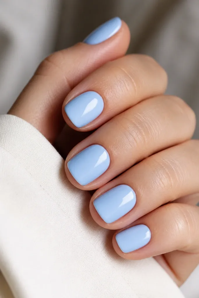 Short nails painted a milky sky blue with a high-gloss shine, no nail art, smooth even color across each nail.