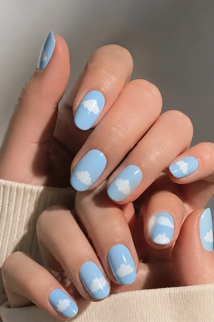Sky blue base with small rounded white cloud shapes at the tips, each cloud centered and slightly different in size, glossy finish.