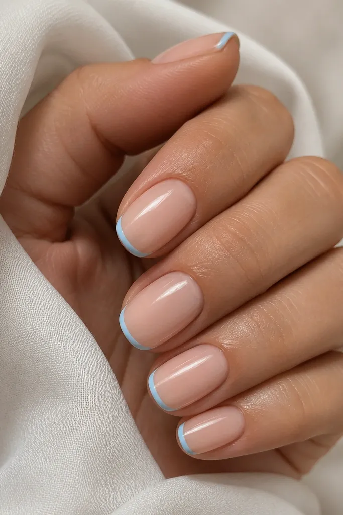 Nude base nails with a single thin sky blue line running along the free edge like a minimalist French, glossy finish.