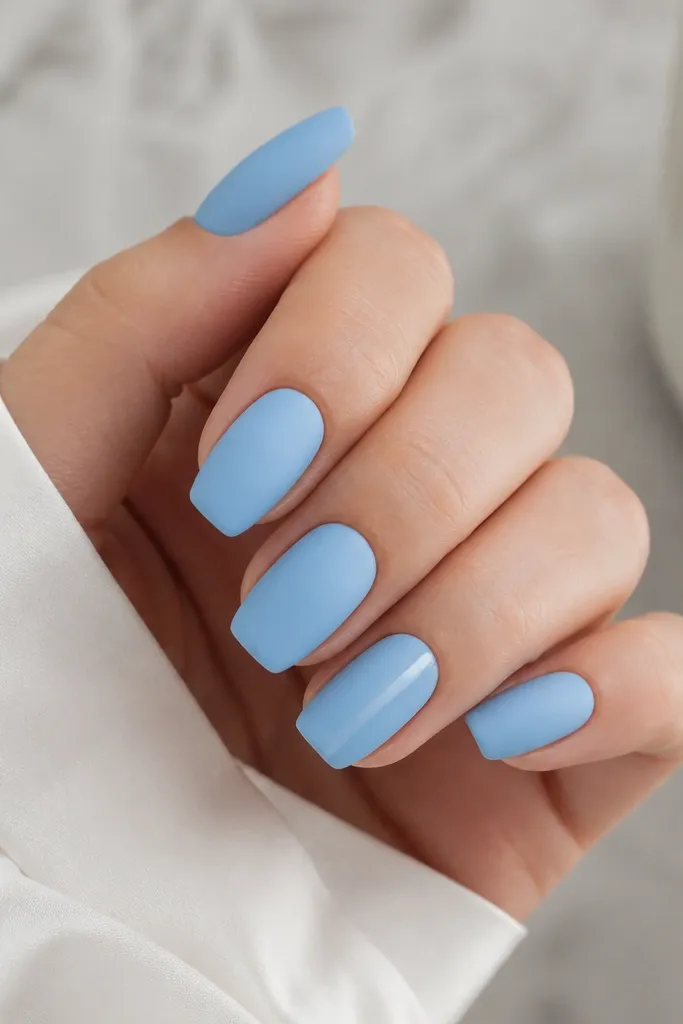 Solid sky blue nails in a matte finish, with a single glossy vertical stripe down one accent nail, the rest matte and soft.