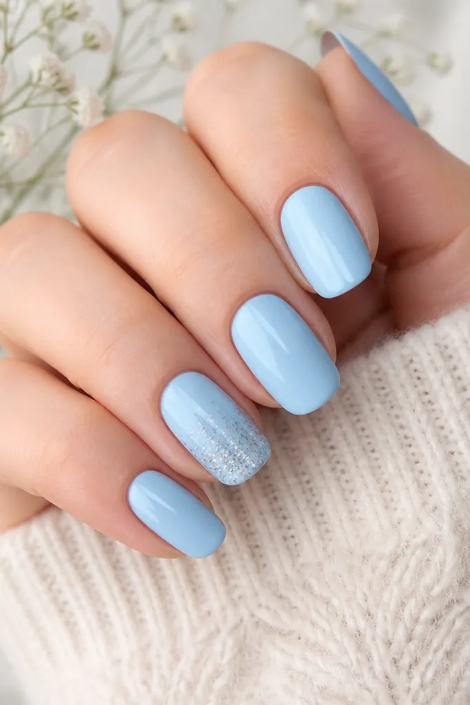 All nails sky blue with a glossy finish; the ring finger has a glitter fade starting at the tip and blending down, tiny sparkles not chunky.