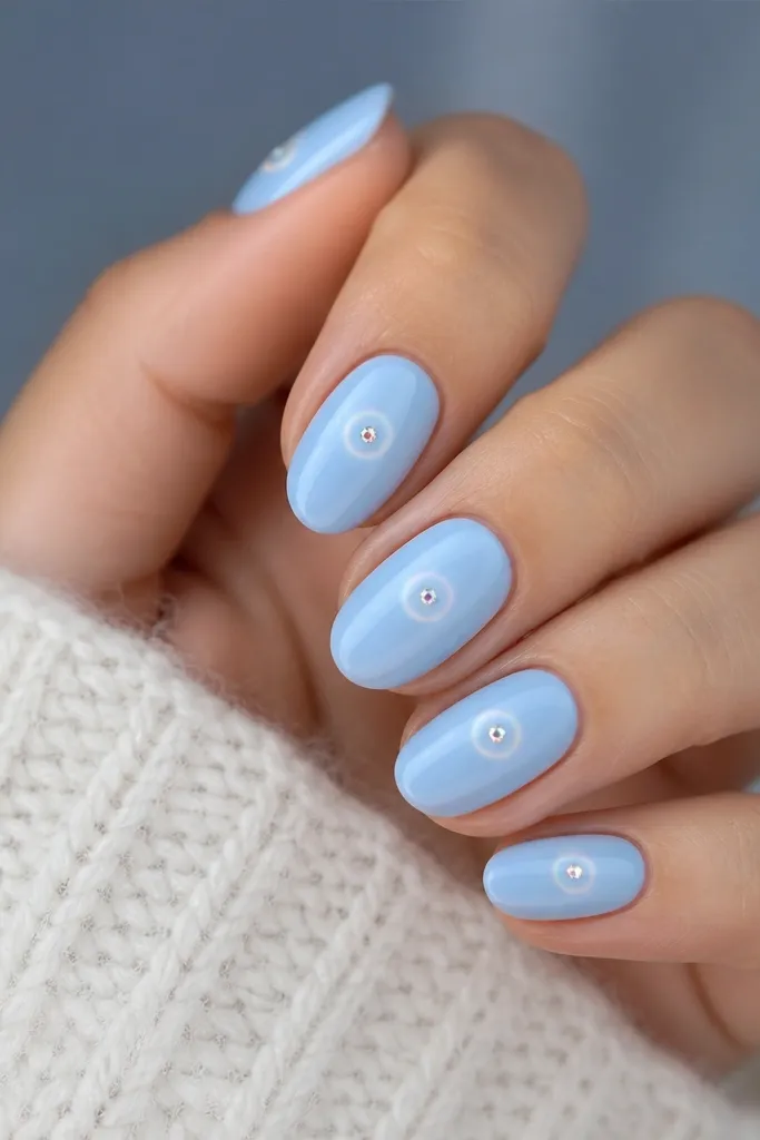 Sky blue nails with a small silver dot near the center on each nail, with a faint halo ring around the dot, glossy finish.