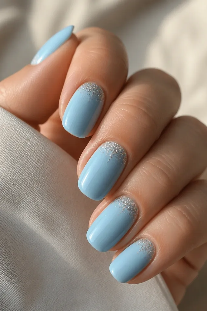 Sky blue nails with a small cluster of fine glitter right at the cuticle, fading out as it moves toward the center, glossy finish.