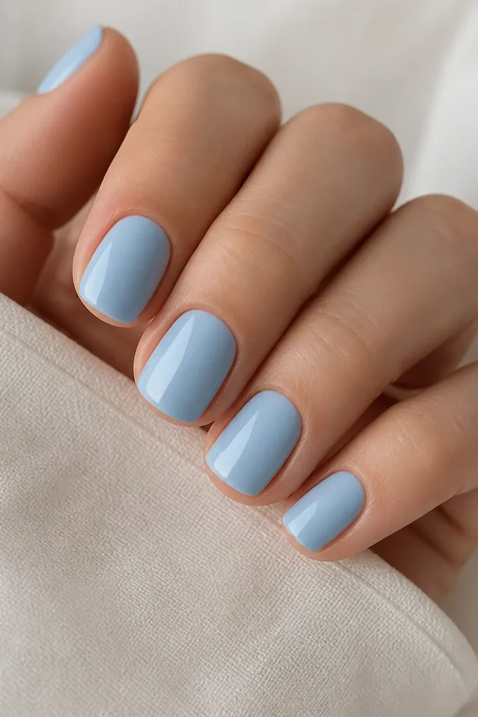 Short nails painted a uniform pale sky blue creme. The nails look glassy and reflective, with even coverage and smooth edges, no nail art.