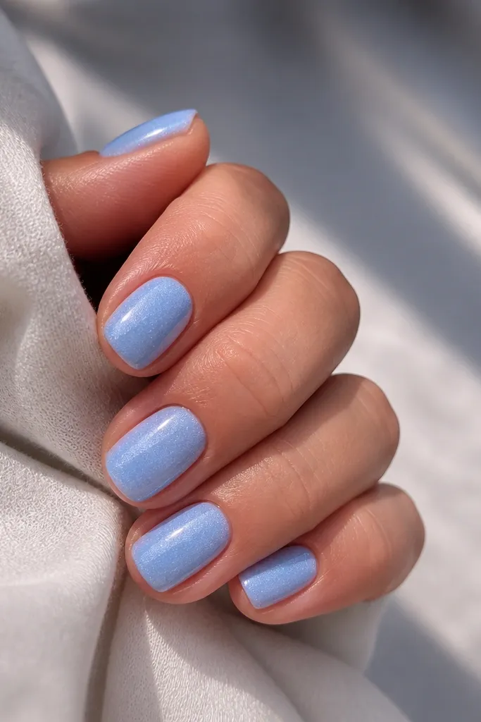 Short nails with a smooth sky blue base. The shimmer is fine and evenly distributed, with a gentle glow that seems slightly stronger toward the tips. No chunky glitter.