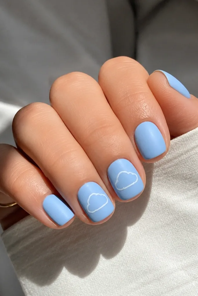 Short nails painted matte sky blue. One or two nails have a simple glossy white cloud outline near the center, while the rest stay solid matte.