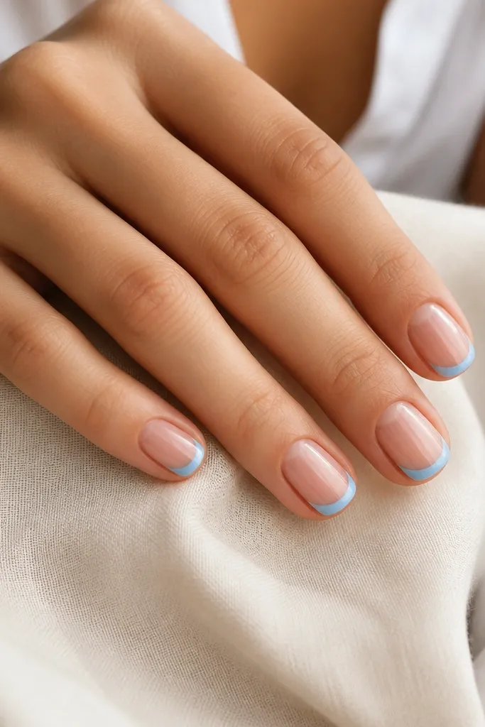 Short nails with a nude or sheer pink base. The tips are painted sky blue in a clean French line, with a glossy finish.