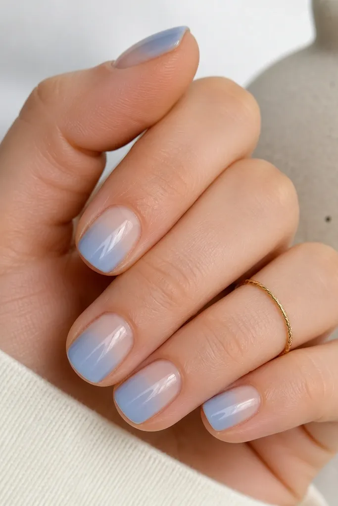 Short nails with a sheer base. The top half from mid-nail toward the tip is sky blue, while the lower part is sheer and glossy.
