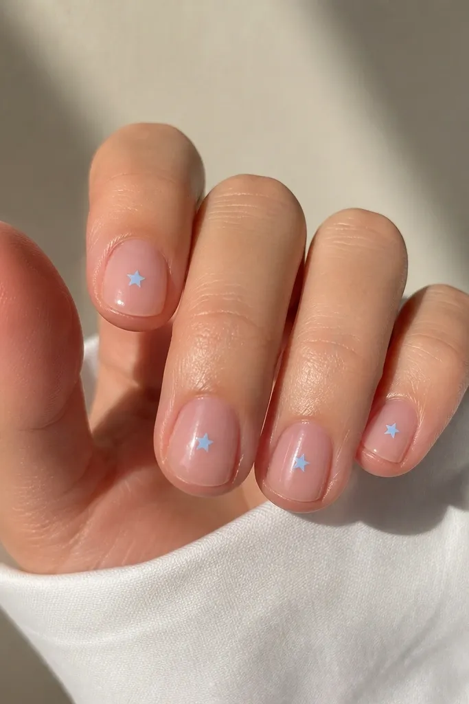 Short nails with a clear or very sheer base. Tiny sky blue star dots sit near the center of each nail, with a glossy finish.