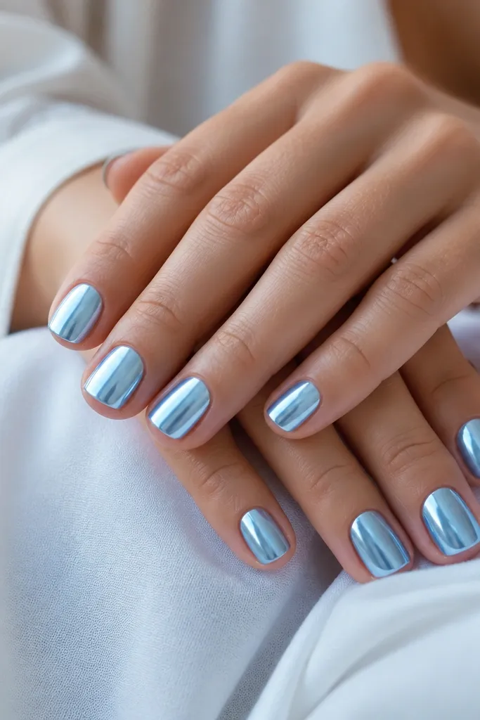 Short nails with a soft powdery sky blue base under a mirror chrome finish. The nails reflect light like metal, with smooth coverage.