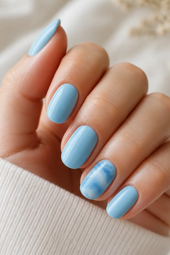 Four nails are solid sky blue creme. One accent nail has a soft watercolor swirl in lighter and slightly darker sky blue tones, with a glossy finish.