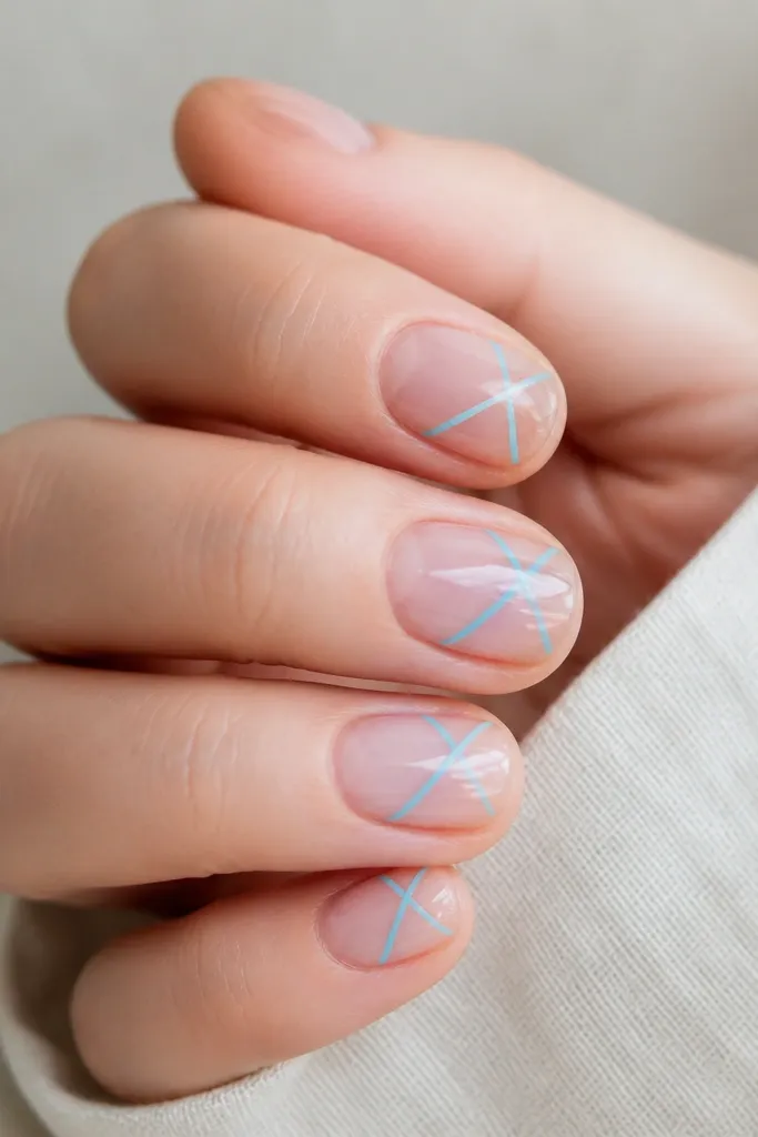 Short nails with a clear base. Two thin sky-blue diagonal stripes cross near the center, leaving most of the nail clear. Glossy finish.