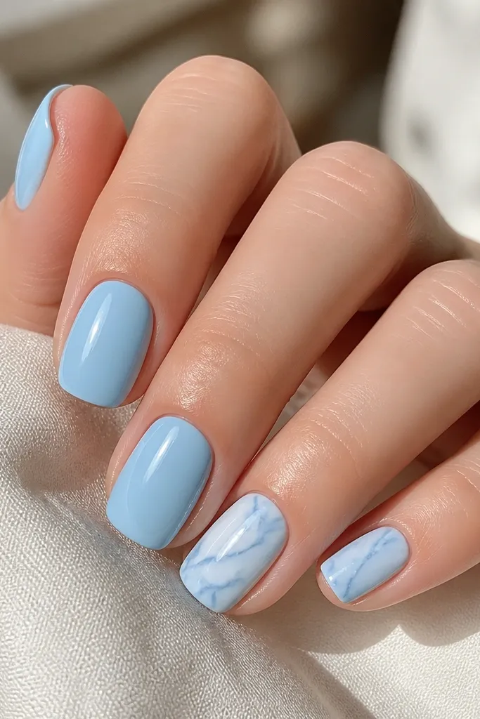 Short nails painted sky blue creme. One or two accent nails have a marble effect with white and pale blue veins, glossy finish.