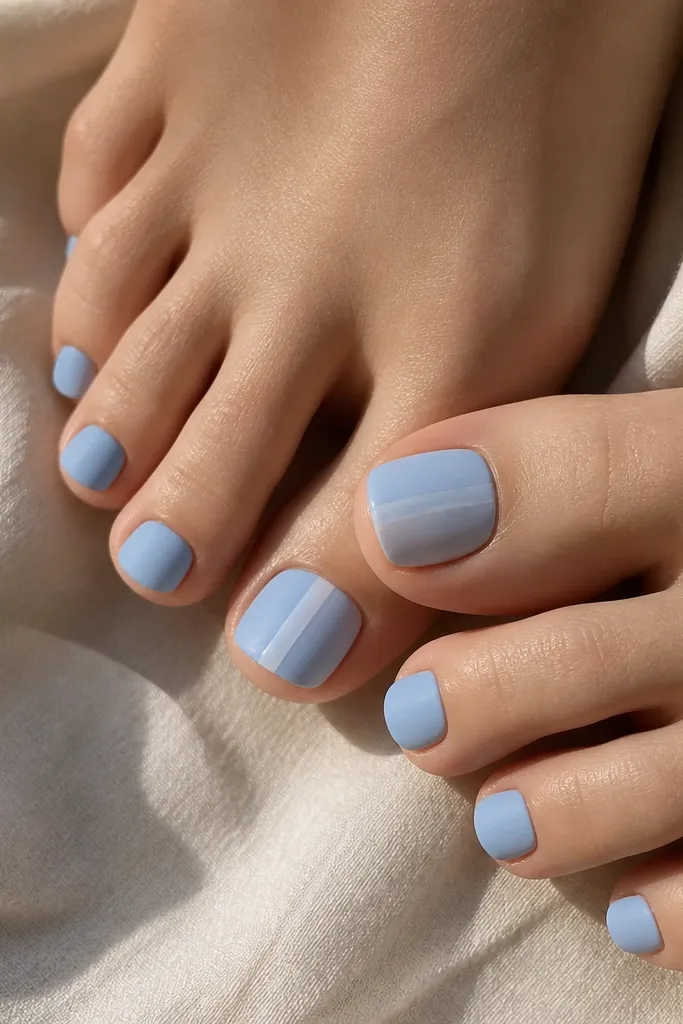 Some toenails are sky blue matte with a soft velvety finish; one or two nails have a single glossy sky blue stripe down the center for contrast.