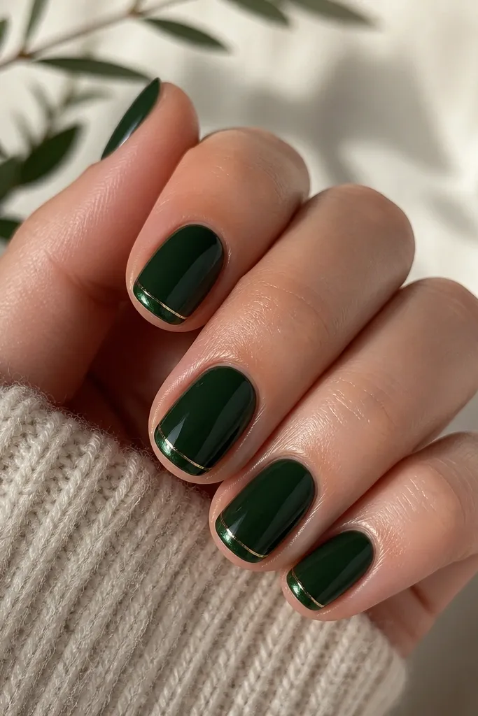 Short nails painted dark forest green with a very narrow micro French tip in the same green but slightly more shimmery; a single thin gold line runs along the tip edge; glossy finish.