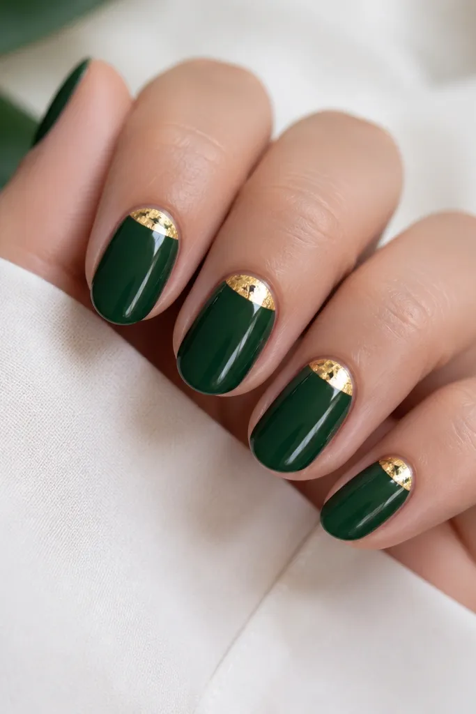 Dark green nails with a curved gold half-moon centered at the cuticle; the gold has foil texture; everything is glossy and clean at the edges.
