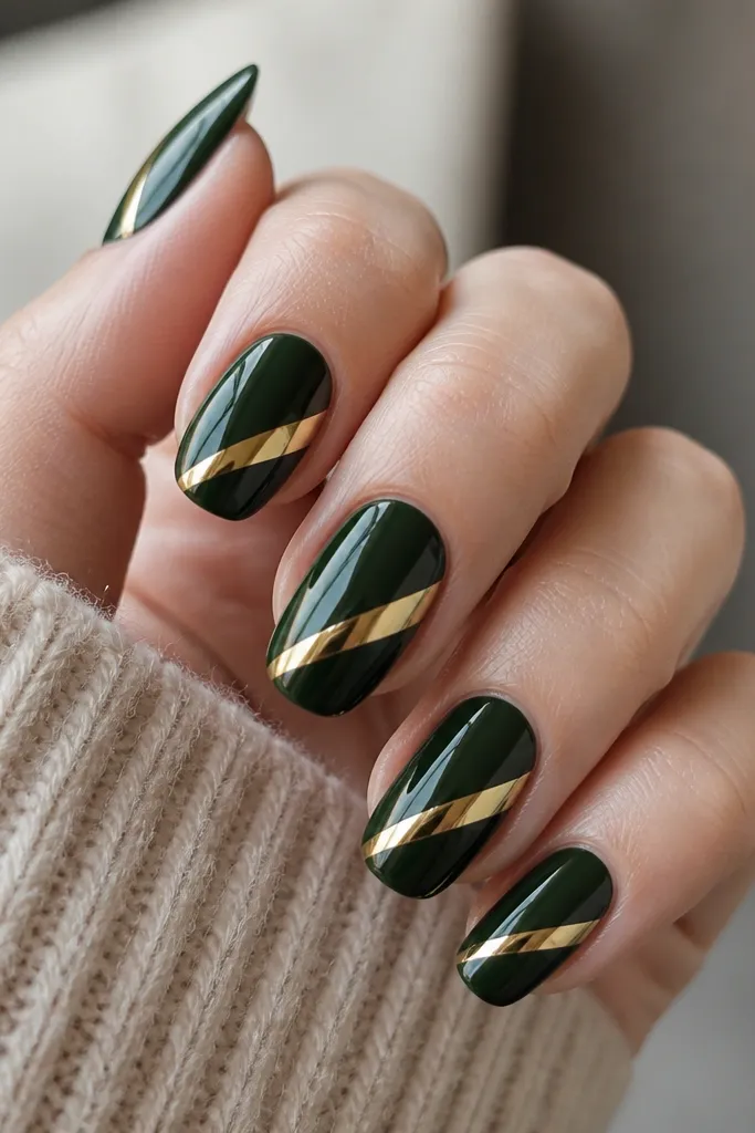 Dark green nails with a diagonal gold chrome slash from lower left near the side to upper right near the tip; crisp edges; reflective gold; glossy top coat.