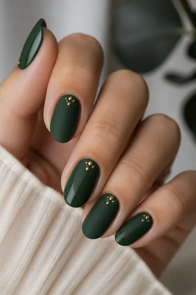 A soft matte-looking deep green base (velvet effect) with tiny gold dots clustered in a small group near the cuticle; matte-to-gloss mixed look; clean lines.