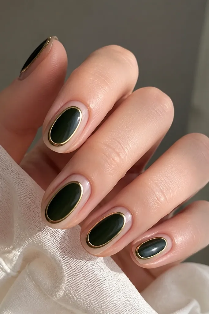 Dark green nails shaped like an oval window in the center, outlined with thin gold border; the rest of the nail looks clear or sheer; glossy finish.
