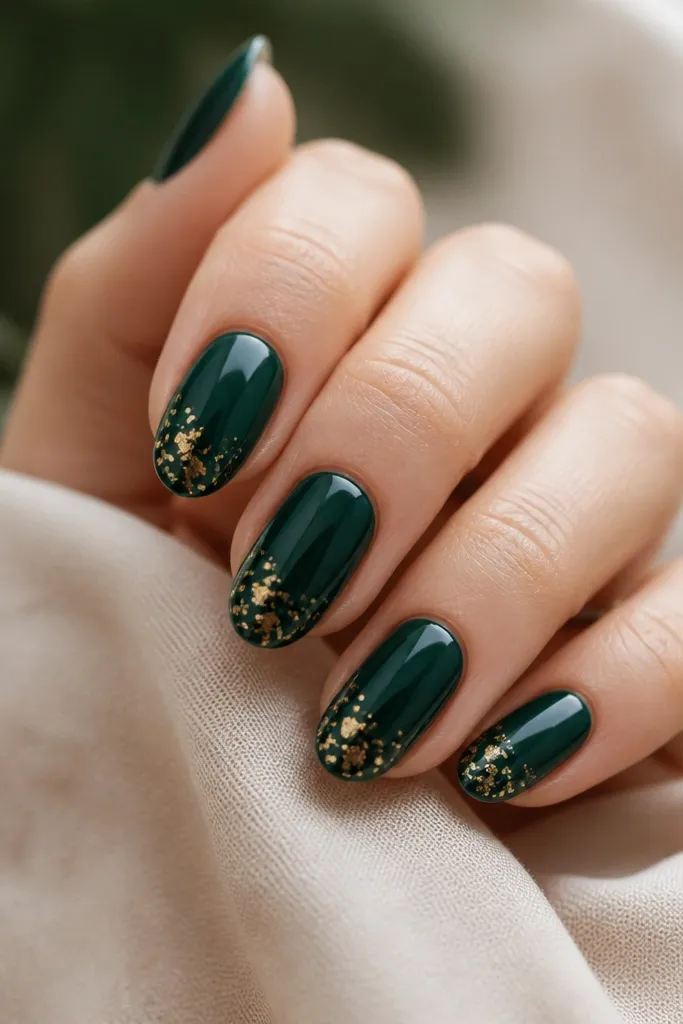 Deep glossy forest green nails with scattered tiny gold foil specks on one side near the tip; the specks look irregular and metallic.