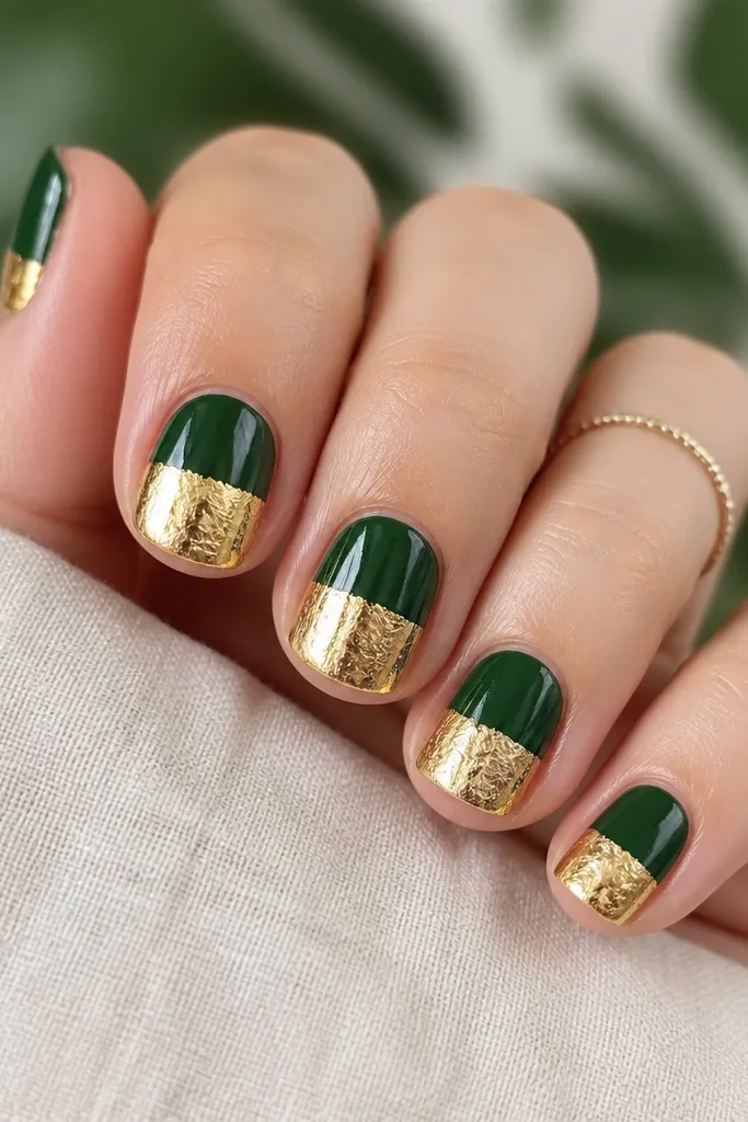 Short nails split horizontally: top half is dark green, bottom half is gold foil at the tip area; foil looks crinkled and reflective; glossy top coat.